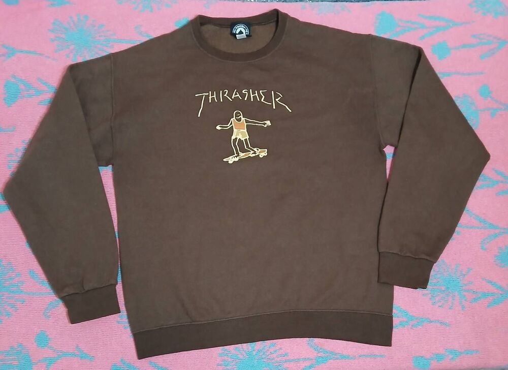 90's vintage Thrasher mens medium skateboard graphic sweatshirt dark brown